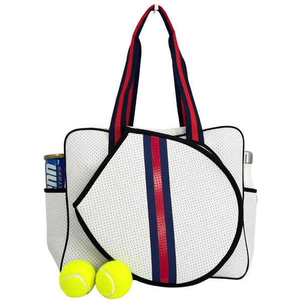 Tennis bag, white tennis bag, neoprene tennis tote, striped tennis bag, tennis gift, captain gift, racquet bag, bag has small damage mark