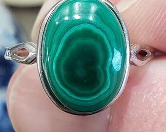 Womens High Quality Malachite Adjustable silver ring