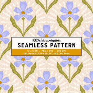 Purple Folk Flower Seamless Pattern, Hand Drawn Floral Block Print Style, Textured Botanical Repeat, Cottagecore Floral Digital Paper