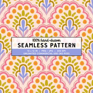 Boho Scallop Seamless Pattern, Hand-Drawn Folk Floral Tile, Pink Orange Blue Retro Bohemian Repeat Pattern, Digital Download Surface Design