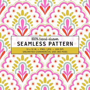 Op de afbeelding: Een herhalend patroon met een witte achtergrond en een ontwerp met roze, rode, gele en blauwgroene vormen. Het patroon bevat de tekst "100% hand-drawn SEAMLESS PATTERN" en afmetingen van 30,48 x 30,48 cm.
