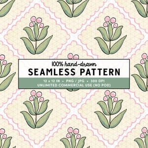 Pode incluir: Um padrão sem costura com elementos florais desenhados à mão. O design apresenta folhas verdes e cachos de bagas rosa sobre um fundo creme, emoldurado por uma borda rosa ondulada. O texto diz "100% hand-drawn SEAMLESS PATTERN 12 x 12 IN".