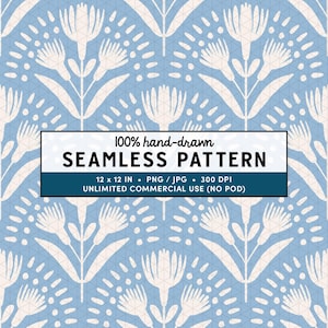 Scandinavian Blue Folk Art Seamless Pattern, Block Print Scallop Floral Pattern, Nordic Botanical Print, Modern Minimal Surface Pattern