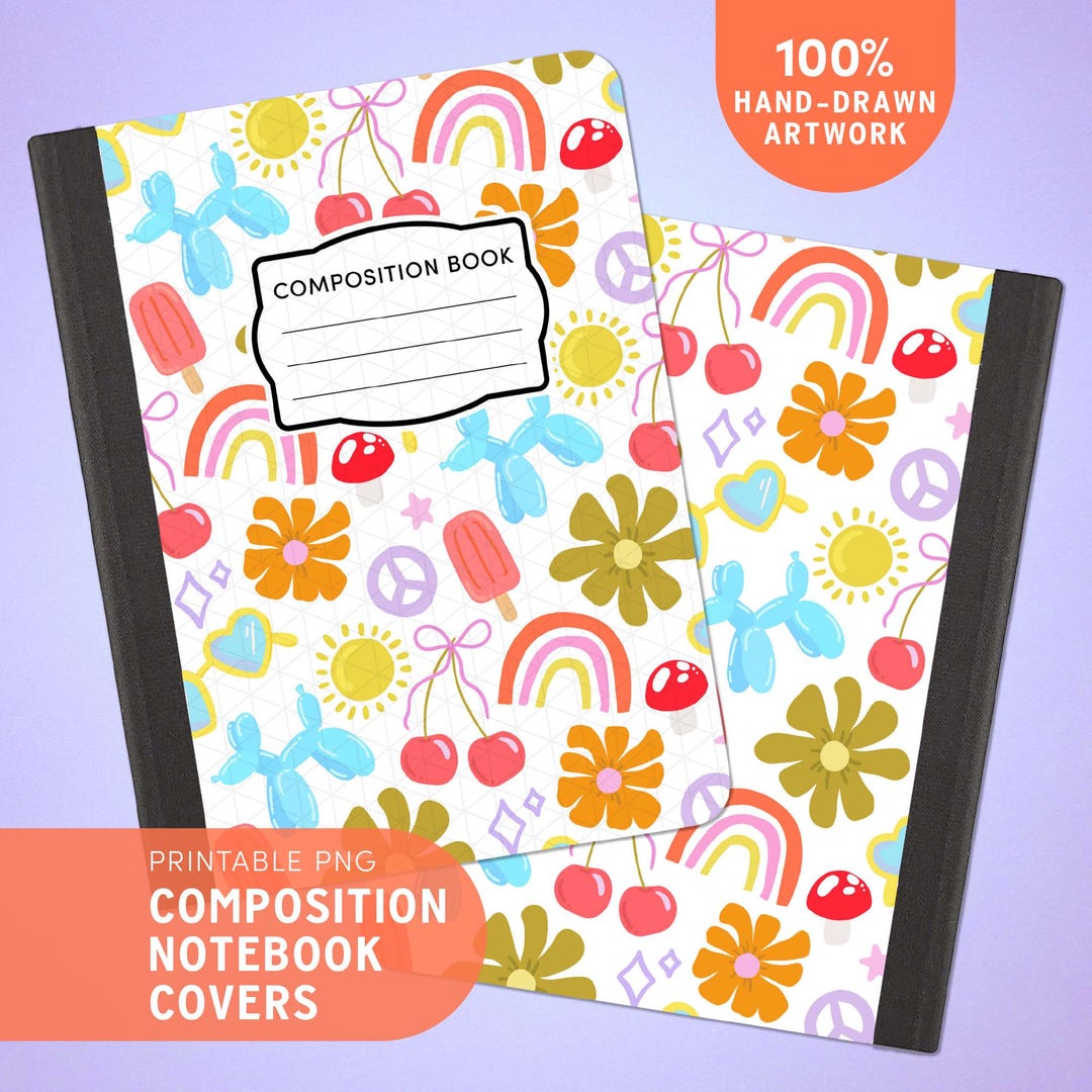 Printable Composition Notebook Cover PNG, Retro Floral Rainbow Cherry ...