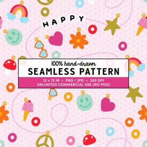 Friendship Bracelet Charms Seamless Pattern, Retro Bead Charm Design, Y2K Happy Smiley Face Surface Pattern, Bead Smiley Rainbow Repeat PNG