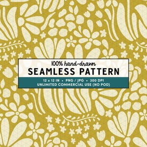 Olive Floral Seamless Pattern, Retro Boho Flower Repeat, Earthy Green Botanical Digital Paper, Hand-Drawn Surface Pattern Design Download
