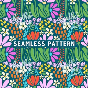 Colorful Floral Seamless Pattern: Teal Background (Digital Paper)