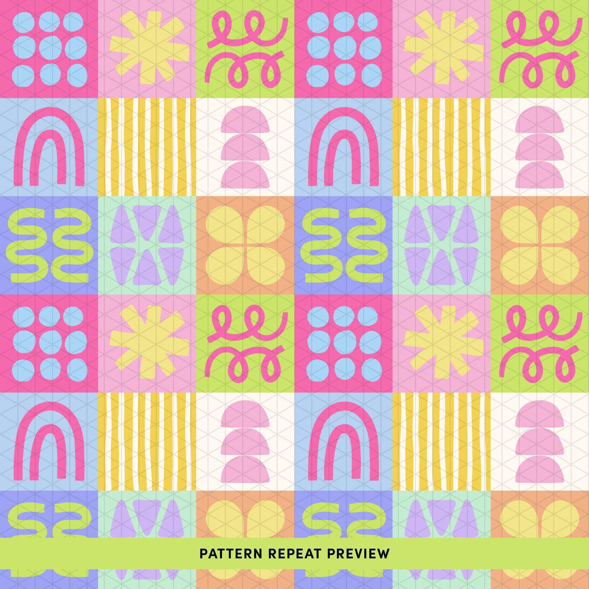 70s Retro Seamless Pattern, Hand-drawn Geometric Shape Tiles, Hot Pink ...