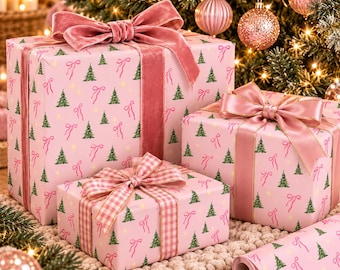 Rosa Weihnachtspapier, Geschenkpapier mit Weihnachtsbaum und Schleife, Rosa Coquette Weihnachtspapier, Elegantes Festtagspapier