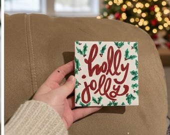 Hand-Painted Ceramic Tile Holly Jolly Berries Coasters-Unique Home & Kitchen Decor