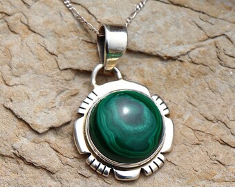 Vintage Malachite & Sterling Argento collana a sospensione / Malachite genuino / Italia Sterling Argento Figaro Chain / Southwestern / Artisan