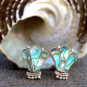 Vintage Taxco Mexico Silver Abalone Inlay Earrings | Vintage Scew-Back Earrings | Genuine Abalone | Art Deco | Boho