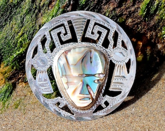 Vintage Messicano Aztec Converter Brooch / Sterling Silver / Genuine Abalone / Carved Abalone / Aztec Warrior Pendant / Artisan