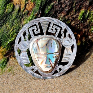 Vintage Mexican Aztec Converter Brooch | Sterling Silver | Genuine Abalone | Carved Abalone | Aztec Warrior Pendant | Artisan