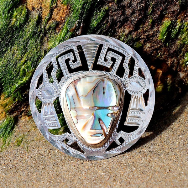 Vintage Mexican Aztec Converter Brooch | Sterling Silver | Genuine Abalone | Carved Abalone | Aztec Warrior Pendant | Artisan