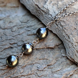Triple Tahitian Pearl Drop Necklace | Genuine Tahitian Pearl | Oxidized Sterling Silver Chain | Minimalist | Handcrafted | Artisan