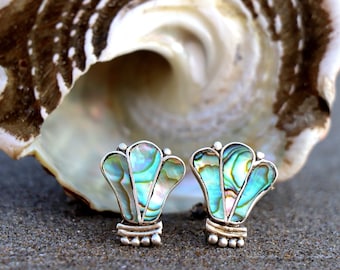 Vintage Taxco Mexico Silver Abalone Inlay Earrings | Vintage Scew-Back Earrings | Genuine Abalone | Art Deco | Boho
