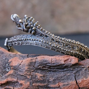 Pu&ograve; includere: Un braccialetto d'argento con dettagli intricati, che presenta un design a testa di drago. Il braccialetto &egrave; realizzato in argento e ha una superficie testurizzata.