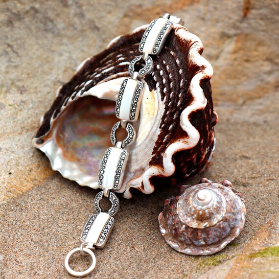 Vintage Mother of Pearl & Marcasite Sterling Silve