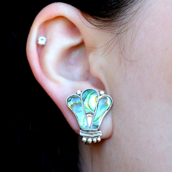 Vintage Taxco Mexico Silver Abalone Inlay Earring… - image 3