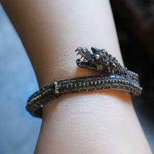 Pu&ograve; includere: Un braccialetto d'argento con un design a testa di drago. Il braccialetto &egrave; dettagliato con piccole perline e ha una chiusura a cerniera.