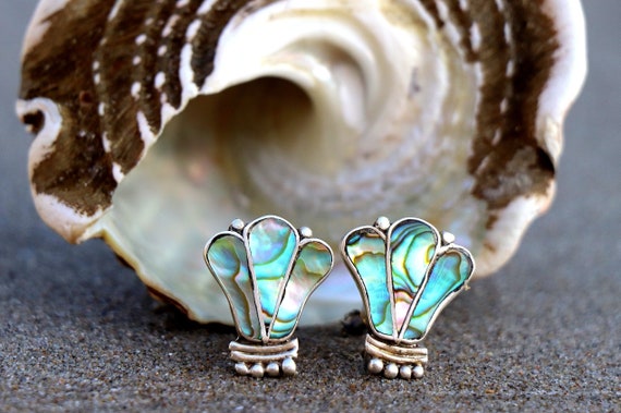Vintage Taxco Mexico Silver Abalone Inlay Earring… - image 1
