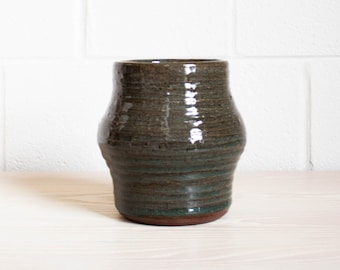 Olive Green Ribbed Ceramic Vase