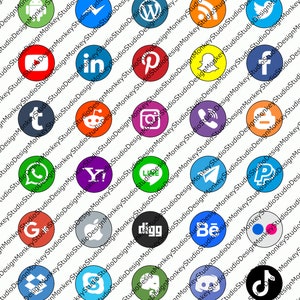 May include: A collection of colorful social media icons, including Facebook, Twitter, Instagram, YouTube, Pinterest, and more. The icons are arranged in a circular pattern and surrounded by the text "by DesignMonkeyStudio". The text "For Printing ONLY - NO Digital Reselling or Sharing" is also included.