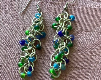 Chain Maille Shaggy Loops Earrings with green and blue beads