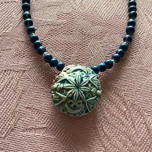 Blue Flower Ceramic Pendent with Seed Bead Necklace