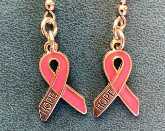 Pendientes de cinta de concientización sobre el cáncer de mama rosa