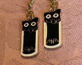 Black cat stuffed in glass enamel earrings