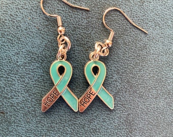 Teal Ovarian  Cancer Awareness Ribbon Earrings