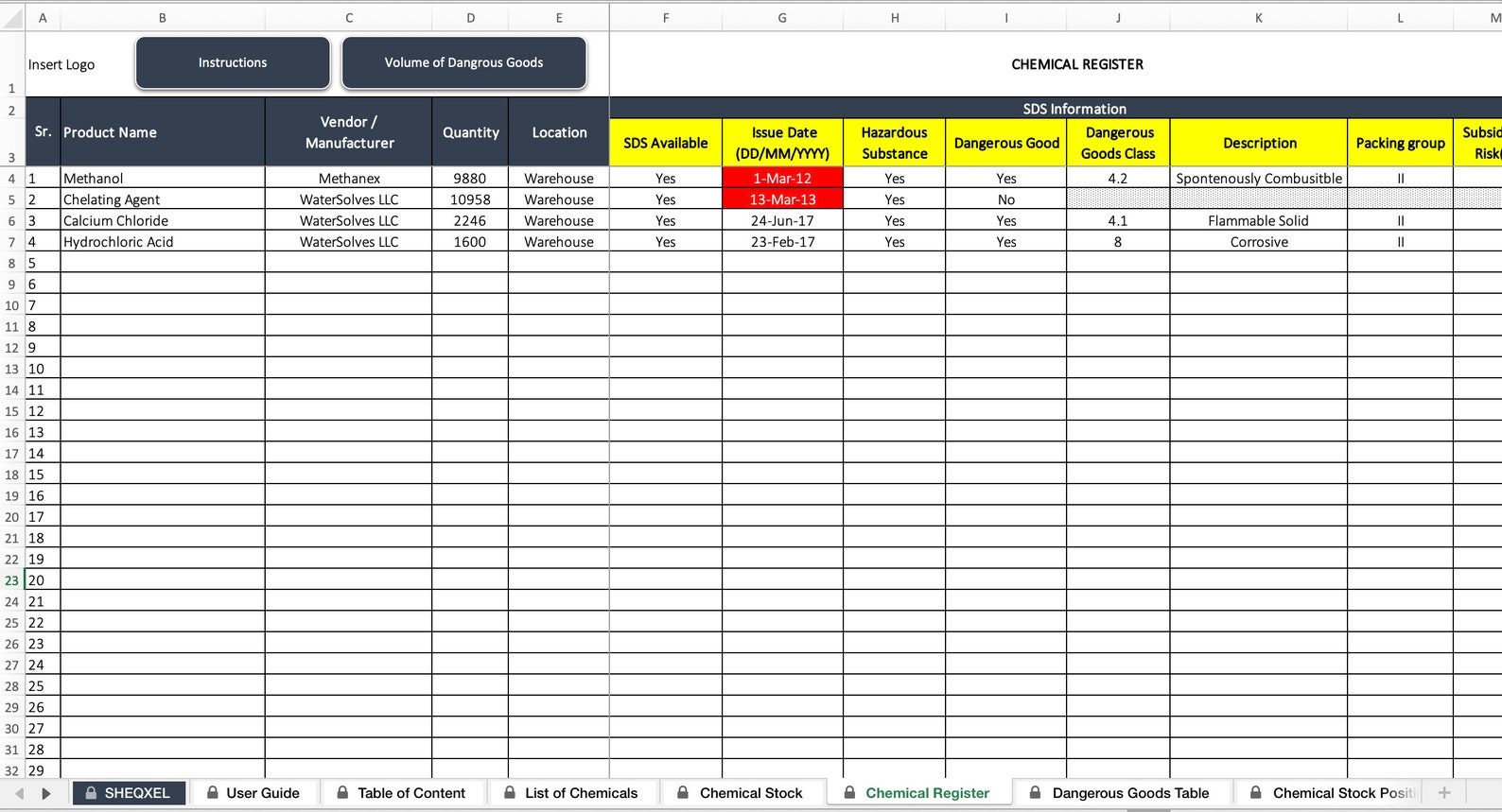 Chemical Register Excel Template: Stock Monitoring & Safety - Etsy