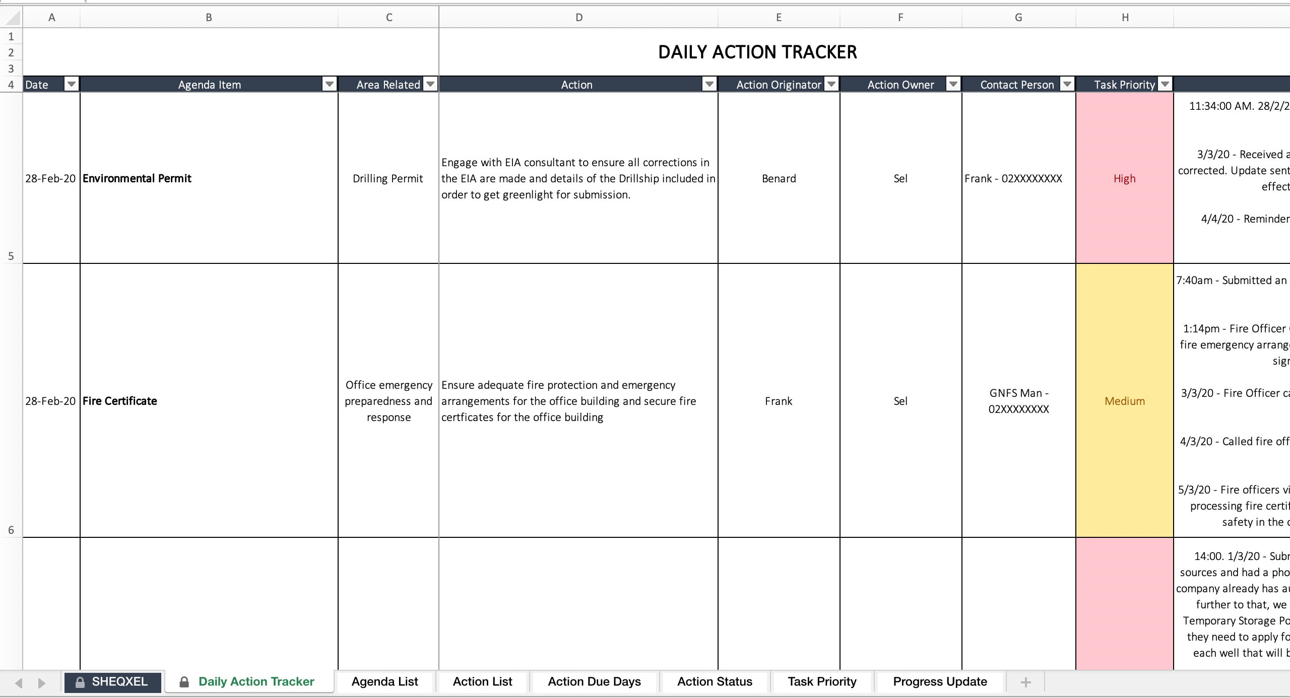 Daily Action Tracker Health and Safety Template Excel Template Etsy