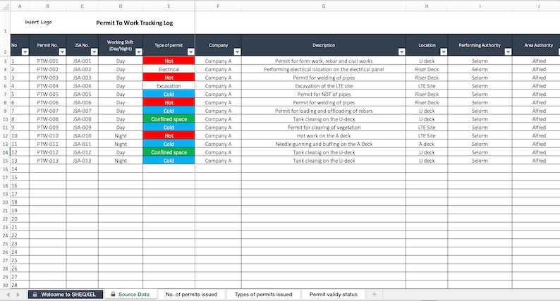 Permit to Work Tracking Log Health and Safety Template Excel Template ...