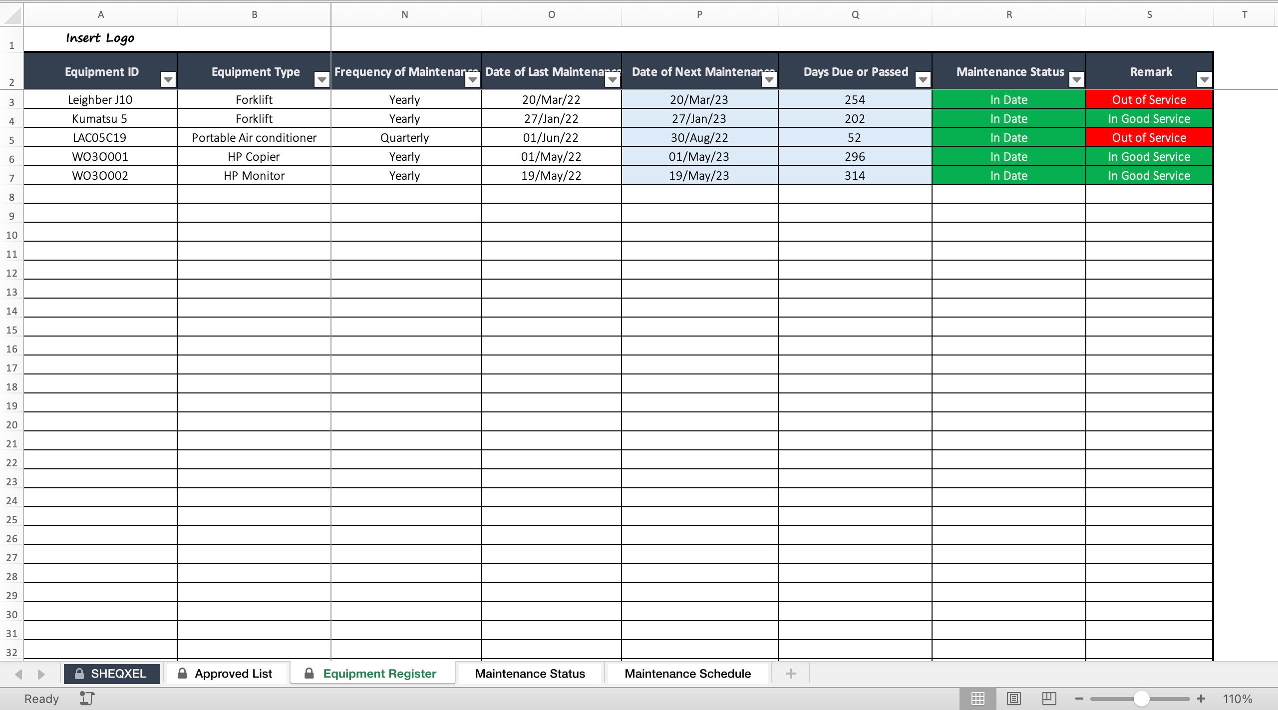 Equipment Register Health and Safety Template Excel Template Etsy