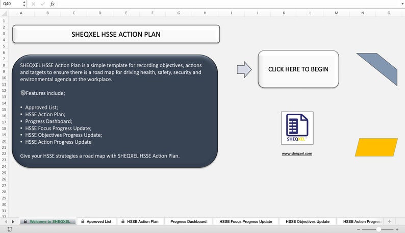 May include: A computer screen displaying a presentation about SHEQXEL HSSE Action Plan, a template for recording objectives, actions, and targets to ensure a road map for driving health, safety, security, and environmental agenda at the workplace. The presentation includes a list of features, such as Approved List, HSSE Action Plan, Progress Dashboard, HSSE Focus Progress Update, HSSE Objectives Progress Update, and HSSE Action Progress Update. The presentation also includes a call to action to click here to begin.