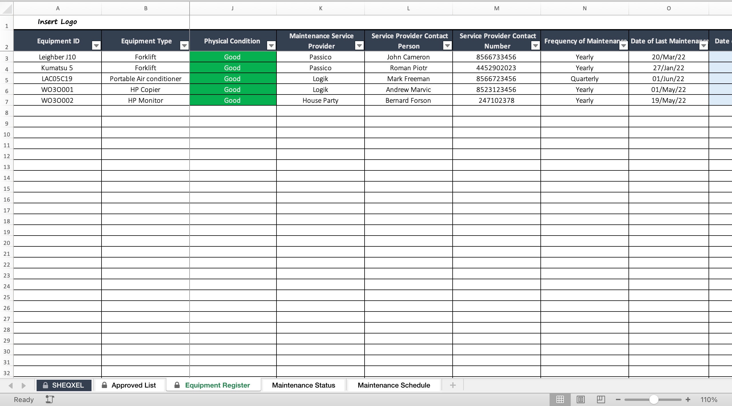 Equipment Register Health and Safety Template Excel Template Etsy