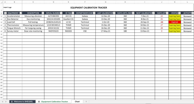 Equipment Calibration Tracker Health and Safety Template Excel Template
