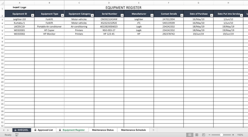 Equipment Register Health and Safety Template Excel - Etsy Australia