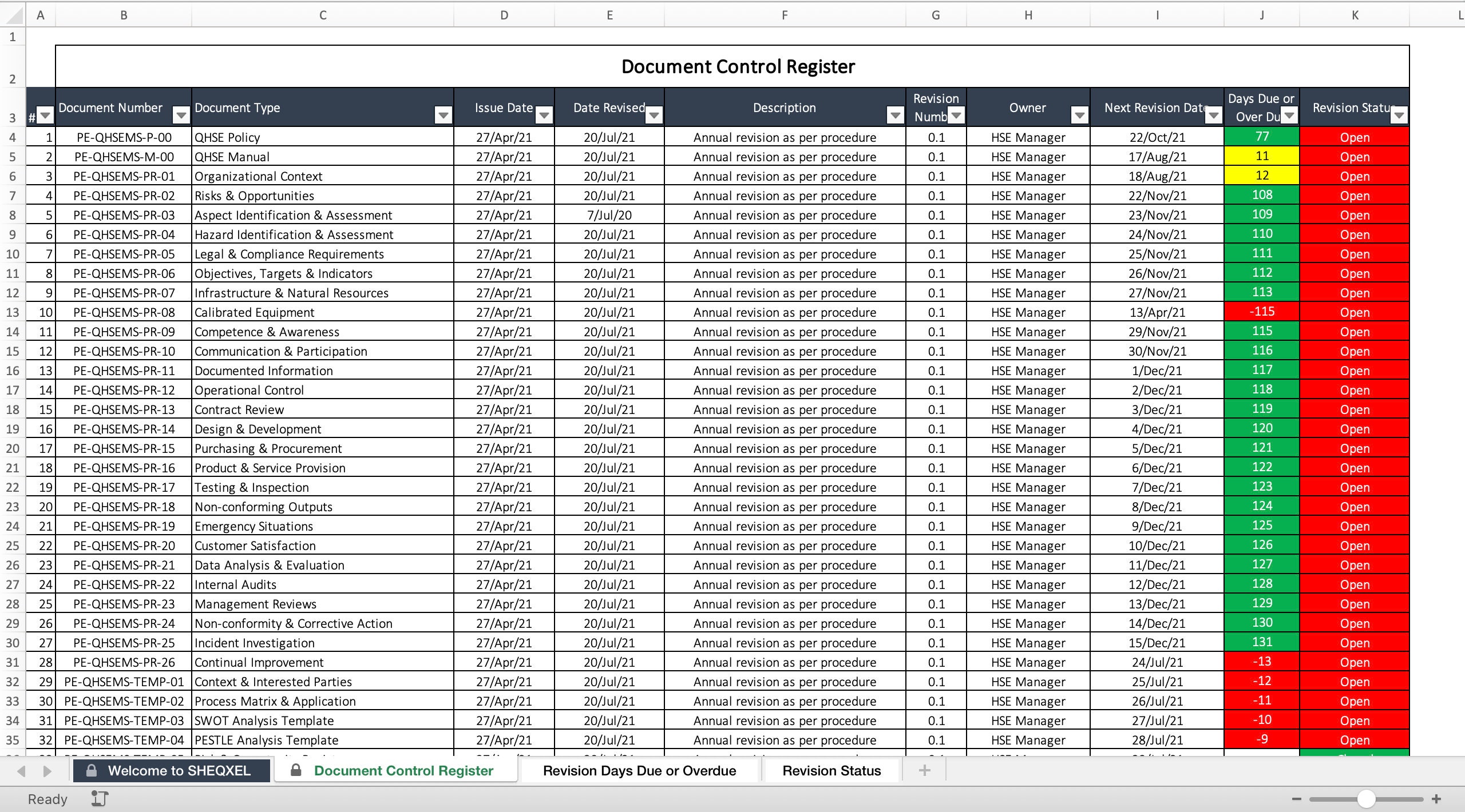 Document Control Register Health And Safety Template Excel Template 