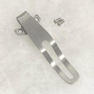 May include: A silver-colored metal pocket clip with a curved design and two small mounting holes at the top, accompanied by two tiny matching metal screws. The clip features a smooth, brushed finish and a long, narrow central cutout.