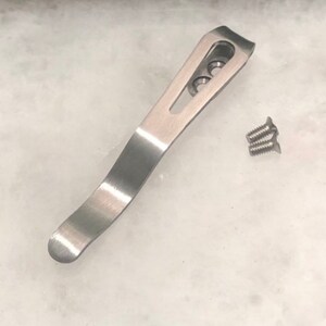 May include: A silver pocket clip with two screws. The clip is curved and has a hole in the top.