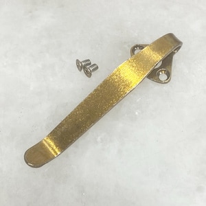 May include: A gold-toned metal pocket clip with a curved design and a triangular mounting base featuring two pre-drilled holes. Two small, matching gold-toned metal screws with flat heads are positioned next to the clip for attachment purposes.