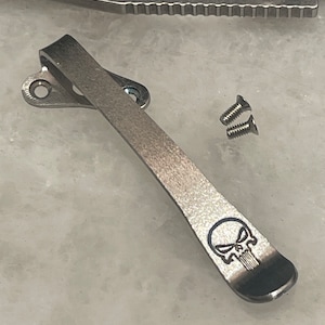Raw Finish Titanium Deep Carry Pocket Clip For Demko AD20.5 Knife Folder - Right Hand - Punisher Skull