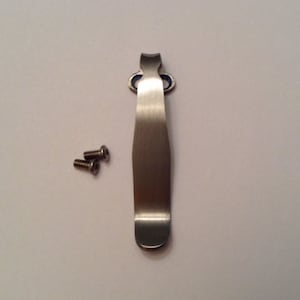 May include: A silver pocket clip with two small screws. The clip has a rounded top and a flat bottom.