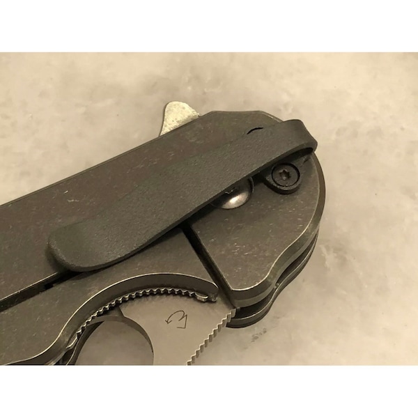 Flat Gray Titanium Deep Carry Pocket Clip For Spyderco McBee and Domino Dice Knife Tip Down Position