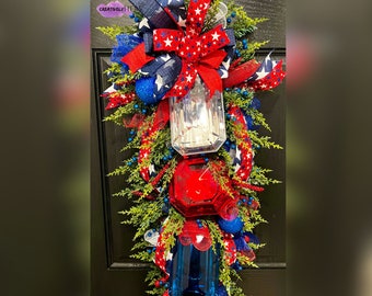 Jewel Patriotic Swag | 4th of July Swag| Patriotic Swag | Patriotic  Door Wreath | Red White Blue Wreath | Door Wreath