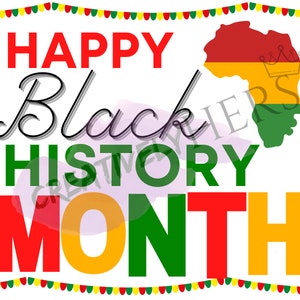 May include: A white background with a red, yellow, and green outline of the continent of Africa. The text "Happy Black History Month" is written in large, bold letters in red, yellow, and green.
